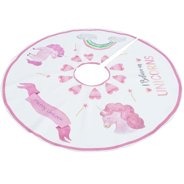 Merry Unicorn Pink Rainbow Weihnachtsspass Polyester Weihnachtsbaumdecke (Schrägansicht)