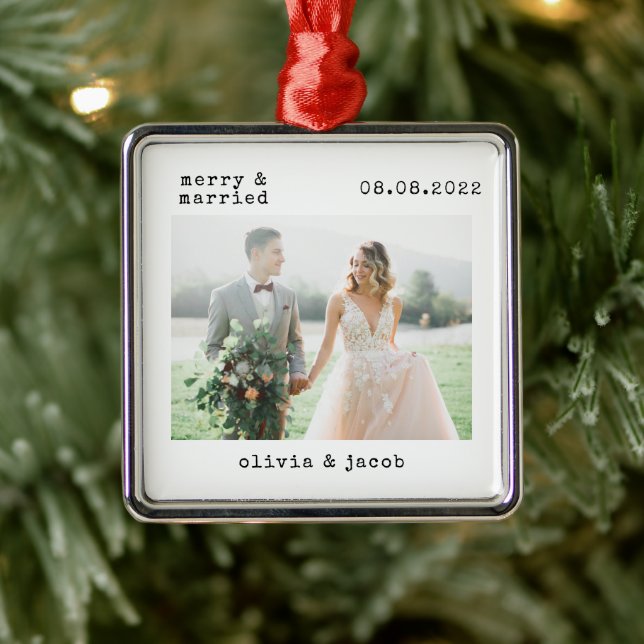 Merry & Verheiratet First Christmas Wedding Foto Ornament Aus Metall (Baum)
