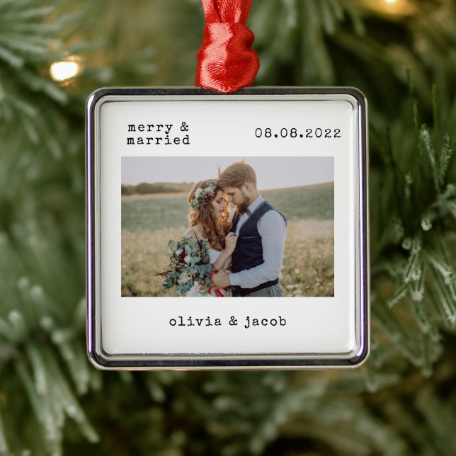 Merry & Verheiratet First Christmas Wedding Foto Ornament Aus Metall (Baum)