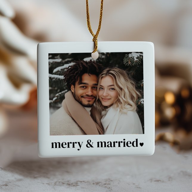 Merry & Verheiratet Heart Foto Keramikornament (Zazzle Merry & Married Heart Photo Ceramic Ornament)