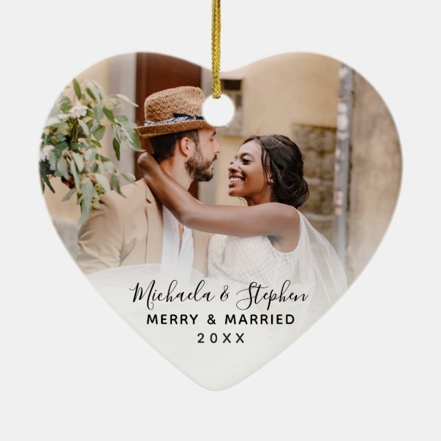 Merry & Verheiratet Names Year & Wedding Foto Keramik Ornament (Hinten)
