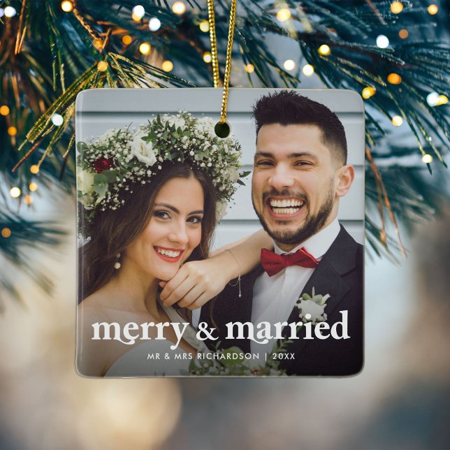 Merry & Verheiratet Newlyweds Weihnachts-Foto Keramikornament (Von Creator hochgeladen)