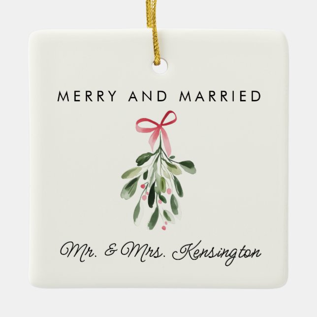 Merry & Verheiratet Personalisierte Hochzeitsfotos Keramikornament (Vorderseite)