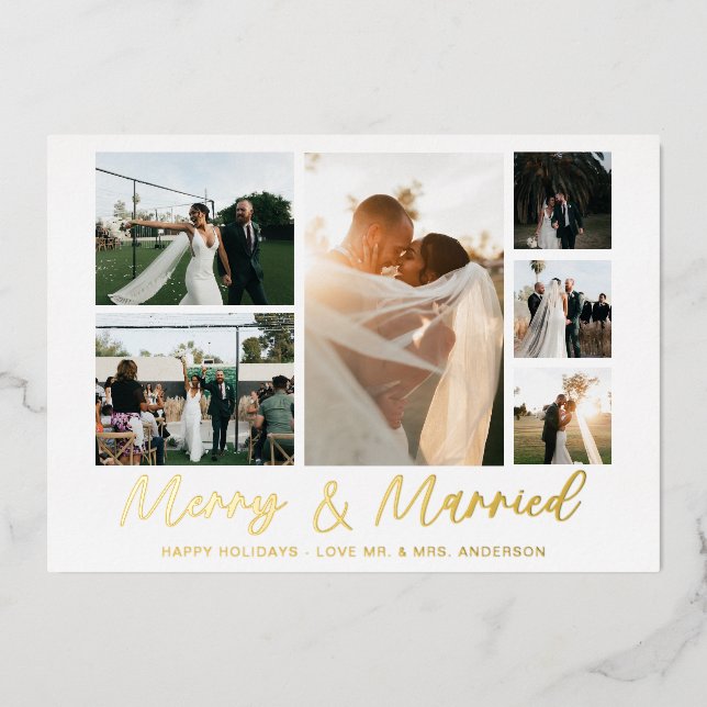 Merry & Verheiratet Silver 6 Multi-Foto-Ferienkart Folieneinladung (Vorderseite)