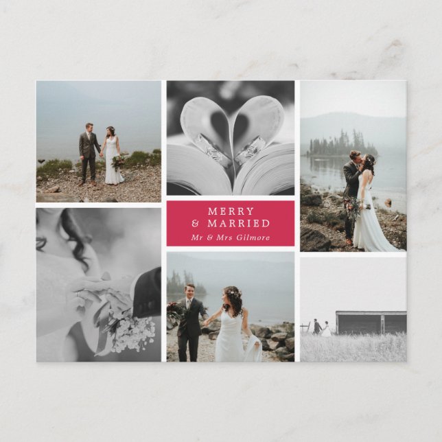 Merry & Verheiratet Wedding Foto Collage Postkarte (Vorderseite)