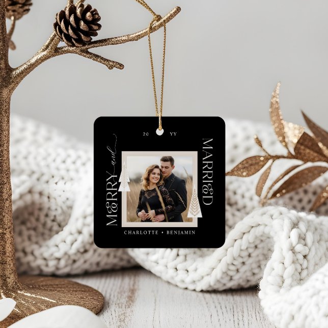 Merry & Verheiratetes Foto Elegante Weihnachtsbäum Keramikornament (Merry & Married Photo Elegant Christmas Trees Ceramic Ornament)
