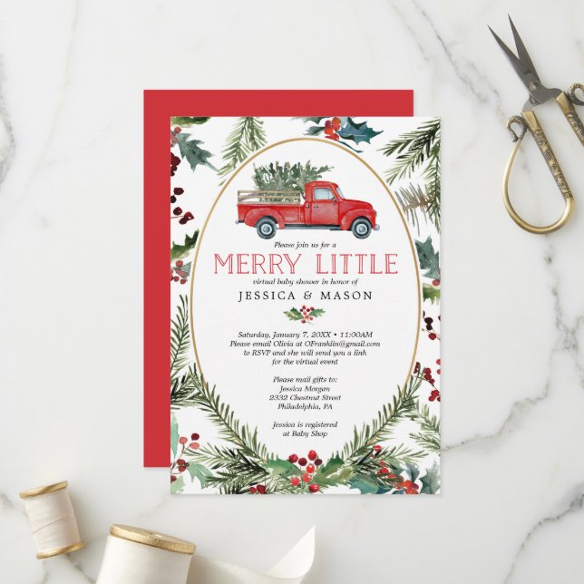 Merry Virtual Baby Shower lädt Card Red Truck ein Programm (Vorderseite/Rückseite Beispiel)