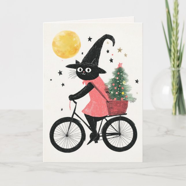 Merry Witchmas Radfahren Black Cat Quirky Weihnach Karte (Vorderseite)