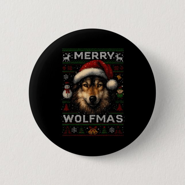 Merry Wolfmas Merry Christmas Wolf Ugly Sweater Fu Button (Vorderseite)