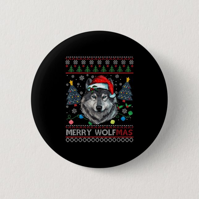 Merry Wolfmas Merry Christmas Wolf Ugly Sweater Fu Button (Vorderseite)