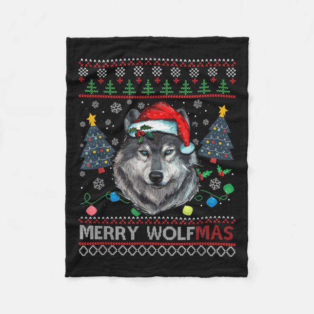 Merry Wolfmas Merry Christmas Wolf Ugly Sweater Fu Fleecedecke (Vorderseite)
