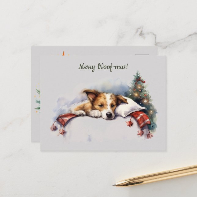 Merry Woof-mas Dog Tree Schlafen Weihnachten Postkarte (Vorderseite/Rückseite Beispiel)