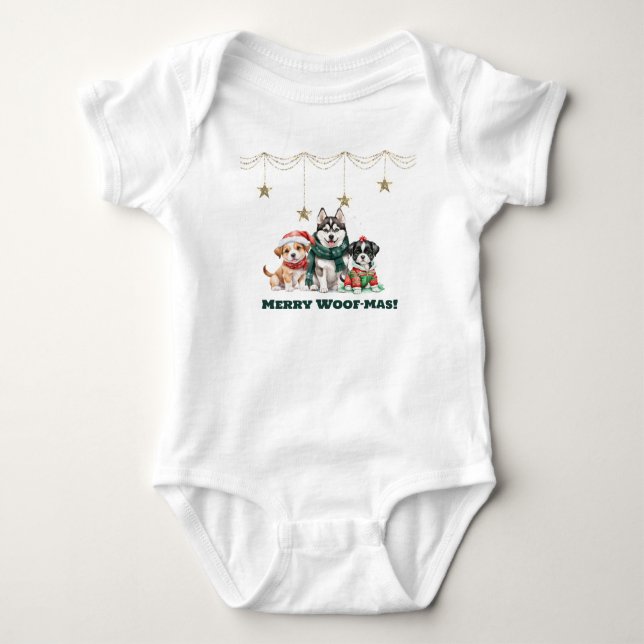 Merry Woof-Mas Drei Niedliche Welpen unter Sternen Baby Strampler (Vorderseite)