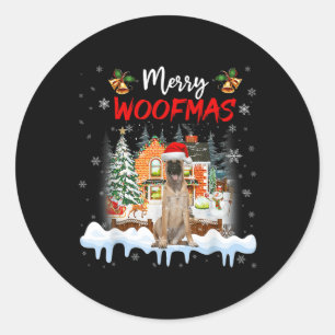 Merry Woofmas Belgischer Schäferhund Weihnachtsbau Runder Aufkleber