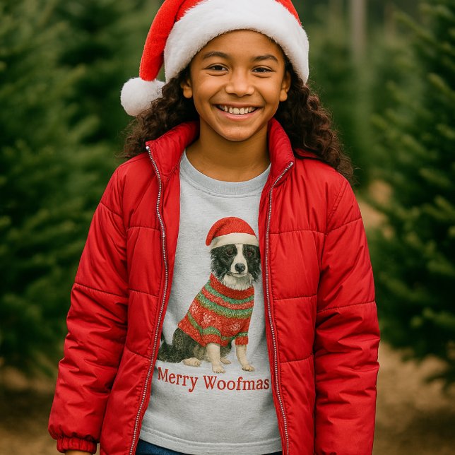 Merry Woofmas Border Collie Christmas  T-Shirt (Festive Border Collie fashion tee for girls )