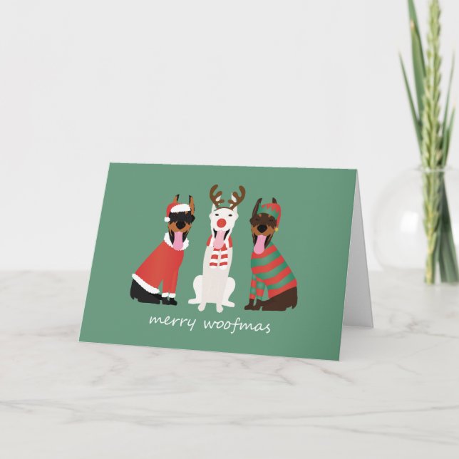 Merry Woofmas Dobermann Weihnachtshunde Feiertagskarte (Vorderseite)