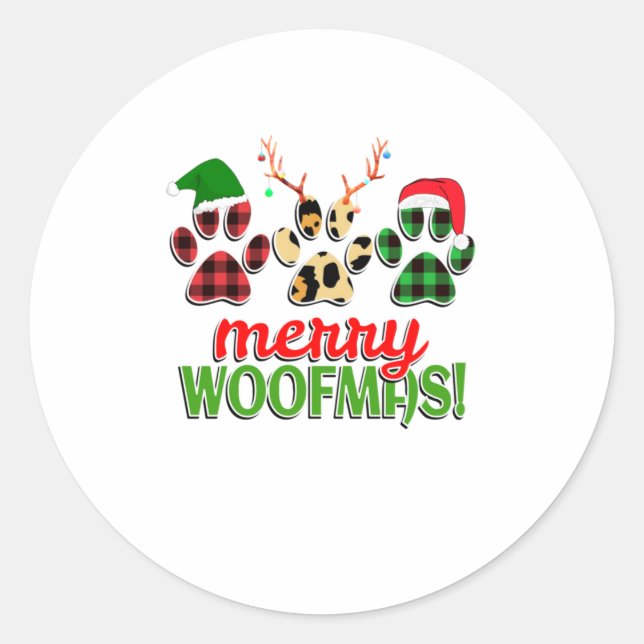 MERRY WOOFMAS Dog Paw Christmas Buffalo Runder Aufkleber (Vorderseite)