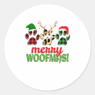 MERRY WOOFMAS Dog Paw Weihnachtsbüffel Runder Aufkleber