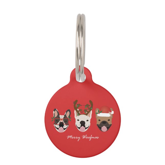 Merry Woofmas French Bulldogs Christmas Heads Haustiermarke (Vorderseite)