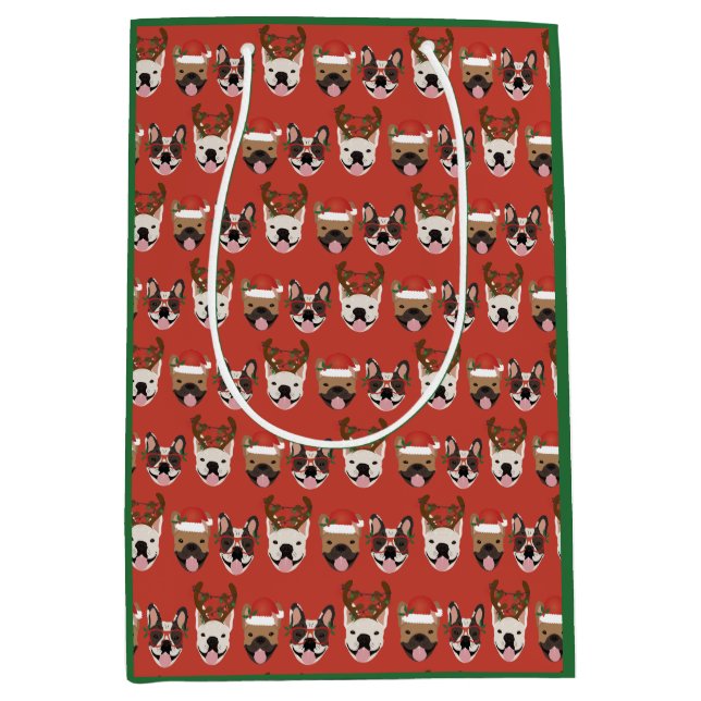 Merry Woofmas French Bulldogs Christmas Heads Mittlere Geschenktüte (Vorderseite)