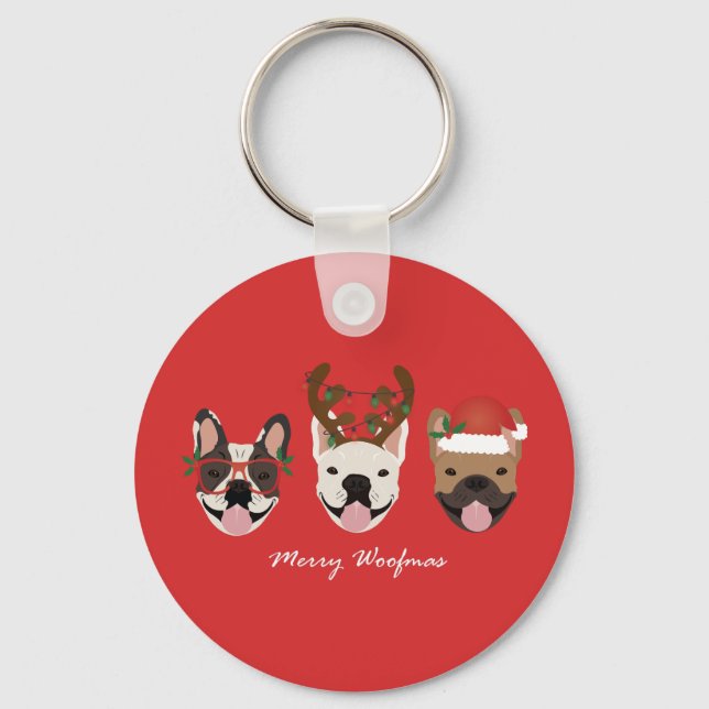 Merry Woofmas French Bulldogs Christmas Heads Schlüsselanhänger (Vorderseite)