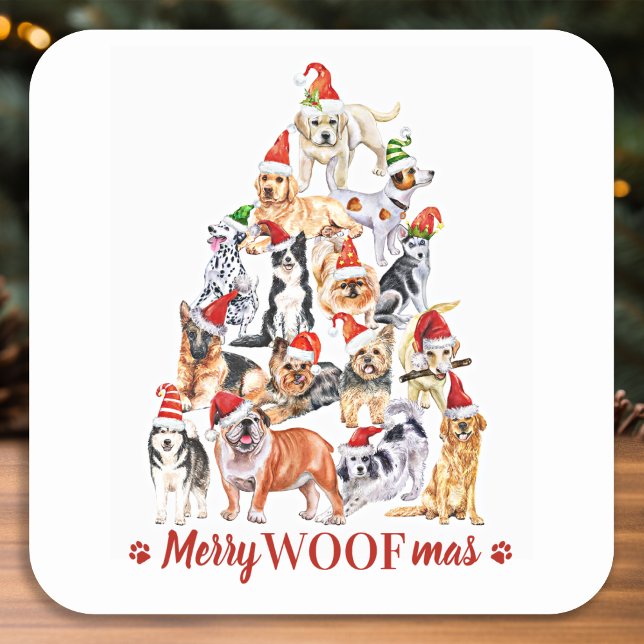 Merry Woofmas Hund Lover Christmas Tree Hunde Quadratischer Aufkleber (Von Creator hochgeladen)