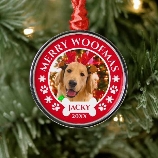 Merry Woofmas Weihnachten Custom Pet Hund Foto Ornament Aus Metall (Baum)