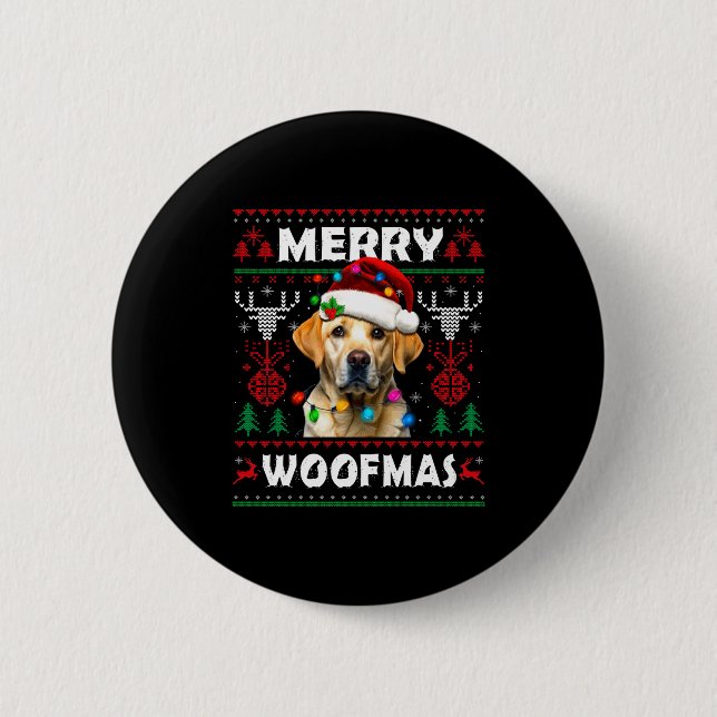 Merry Woofmas Yellow Labrador Christmas Ugly Sweat Button (Vorderseite)