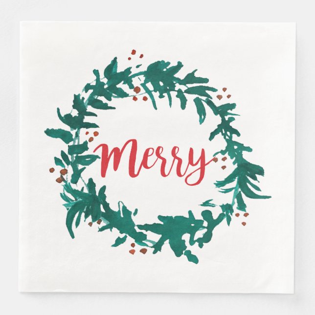 Merry Wreath Berry Red Script Weihnachten Serviette (Vorderseite)