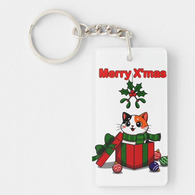 “Merry X’mas” Whimsical Holiday Greeting Design Schlüsselanhänger (Vorderseite)