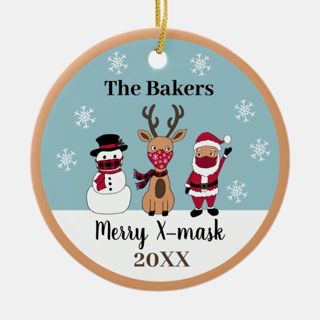 Merry X-Mask Funny Reindeer Snowman Santa Keramik Ornament (Vorne)