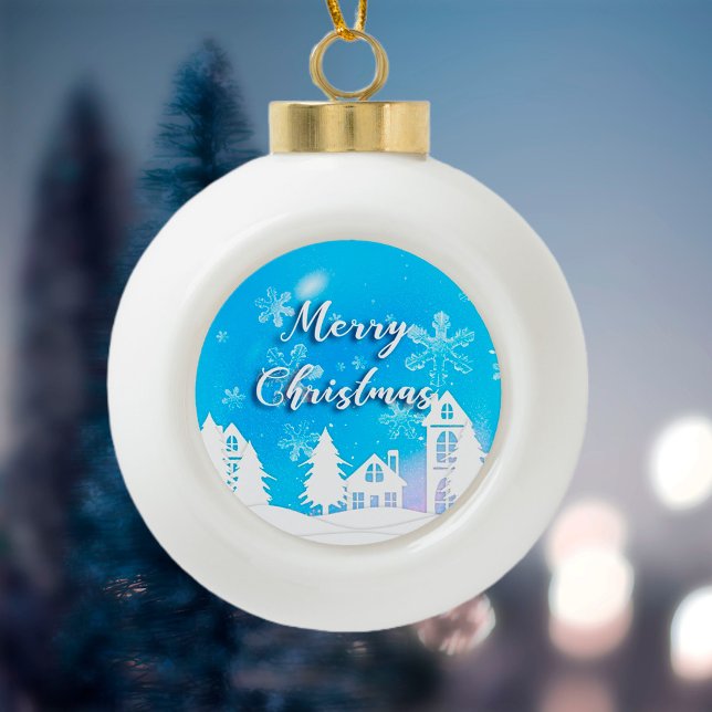 Merry Xmas Blue White House Snow Keramik Kugel-Ornament (Von Creator hochgeladen)