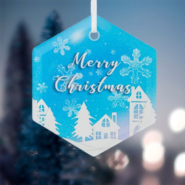 Merry Xmas Blue White House Snow Ornament Aus Glas (Von Creator hochgeladen)