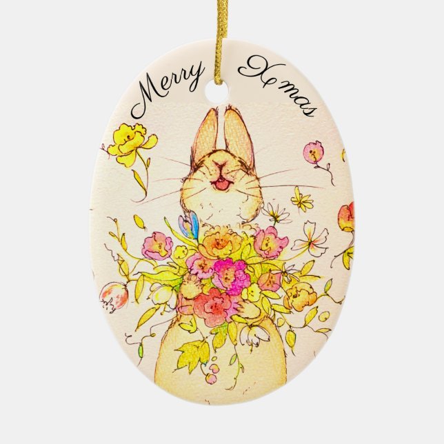 Merry Xmas Blume & Kaninchen Keramik Ornament (Vorne)