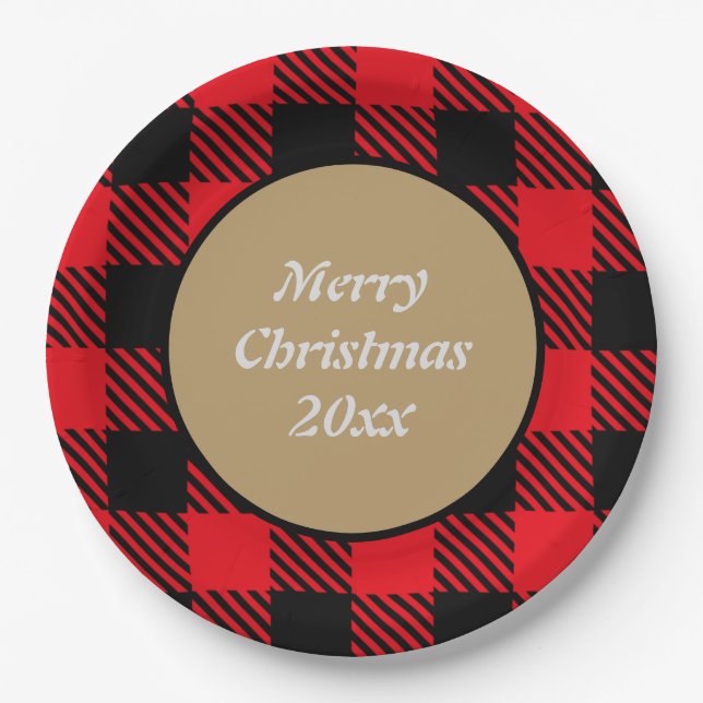 Merry Xmas Custom Buffalo karierte Muster schwarz  Pappteller (Vorderseite)