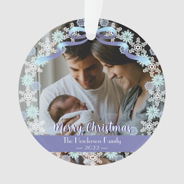 Merry Xmas Familie Foto Name Light Blue Lila Ornament (Vorderseite)