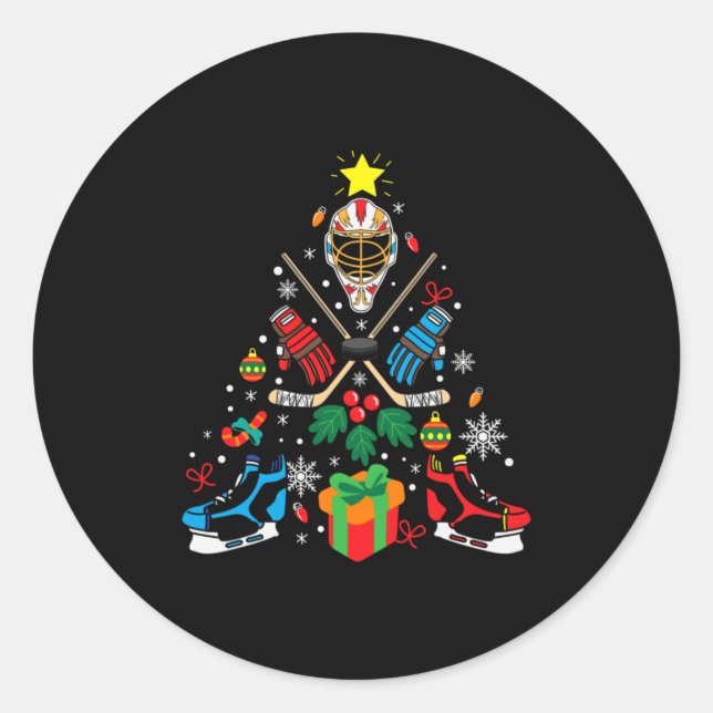 Merry Xmas Ice Hockey Weihnachtsbaum Runder Aufkleber (Vorderseite)