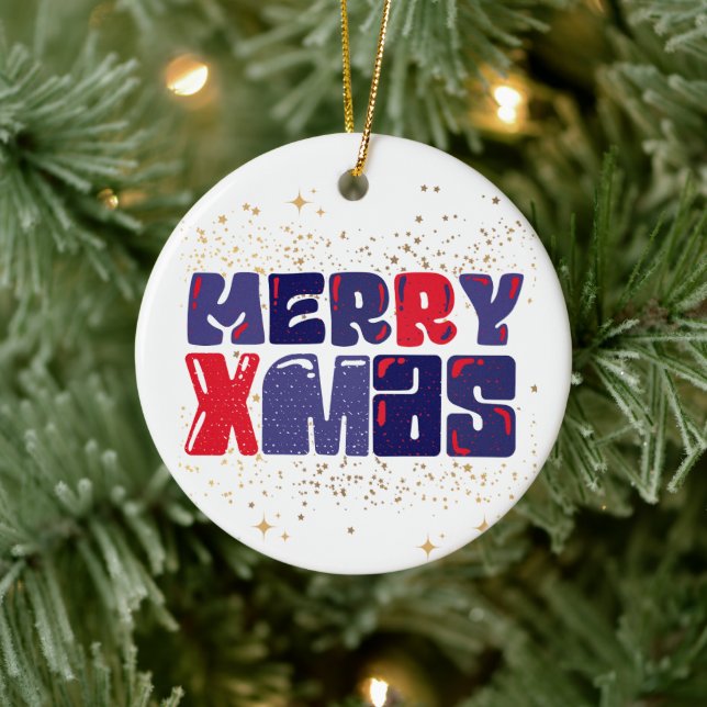 Merry Xmas Niedlich Red Blue Gold Keramik Ornament (Baum)
