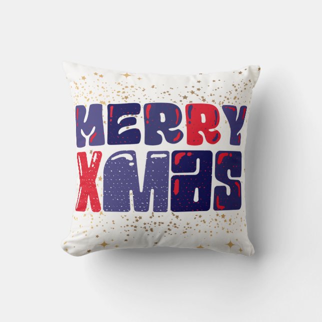 Merry Xmas Niedlich Red Blue Gold Kissen (Vorderseite)