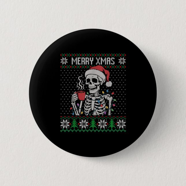 Merry Xmas Skeleton Ugly Sweater, Skull Wearing Sa Button (Vorderseite)