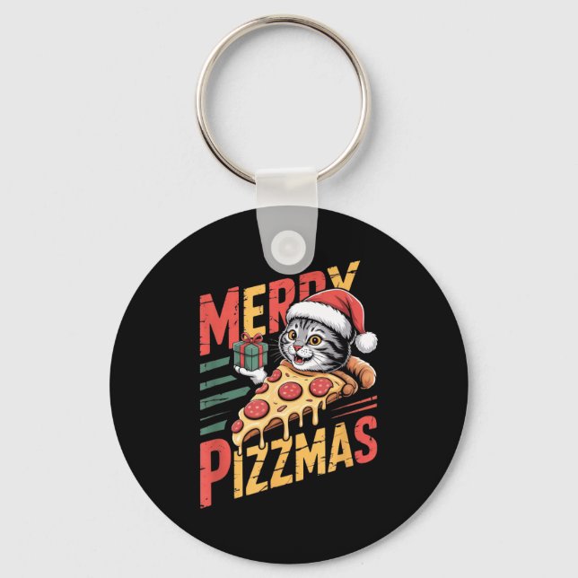 Merry Zzmas Christmas Cat Funny Zza Lover Xmas Cat Schlüsselanhänger (Vorderseite)