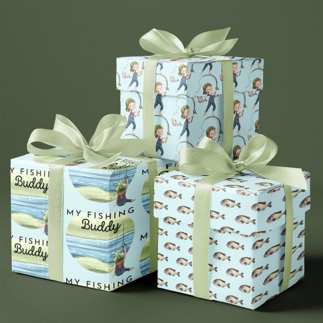 Mes feuilles de papier d'enveloppement de boudin d (Celebrate a special child's birthday with this cute, "My fishing buddy" wrapping paper set! )