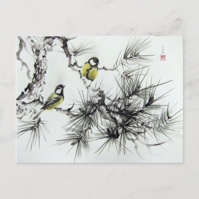 Mésanges aquarelle chinoise postkarte (Vorderseite)