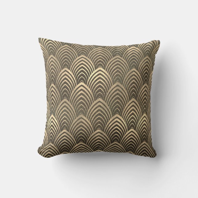 Mesh Sepia Gold Schwarz Art Deco Seashells Scales Kissen (Vorderseite)