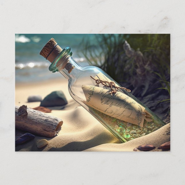 Message dans une bouteille sur la plage Carte post (Devant)