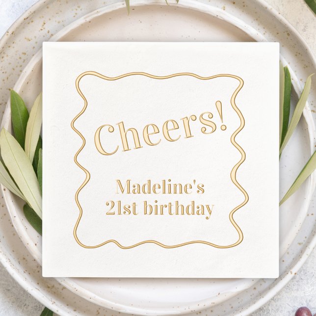 Message personnalisable "Cheers" partie frontière  ("Cheers" custom personalized party napkin gold foil wavy hand drawn border modern fun party supplies)