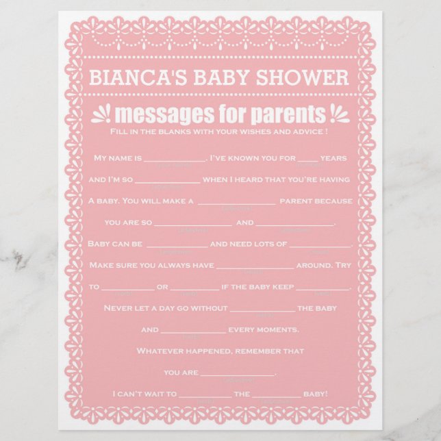 Messages pour les parents Papier rose Baby shower  (Devant)
