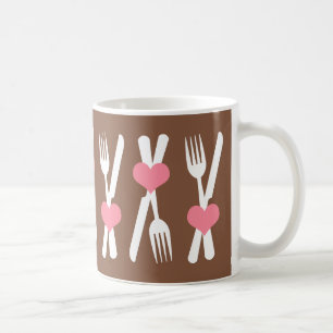 Messer u. Gabel - rosa Herzen, Brown u. weiße Kaffeetasse