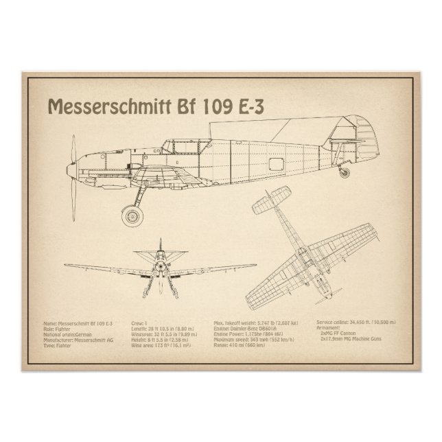 Messerschmitt Bf 109 - Flugzeug Blueprint SD Fotodruck (Vorne)