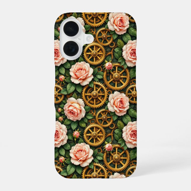 Messingzahnräder und Rosen iPhone 16 Hülle (Rückseite)